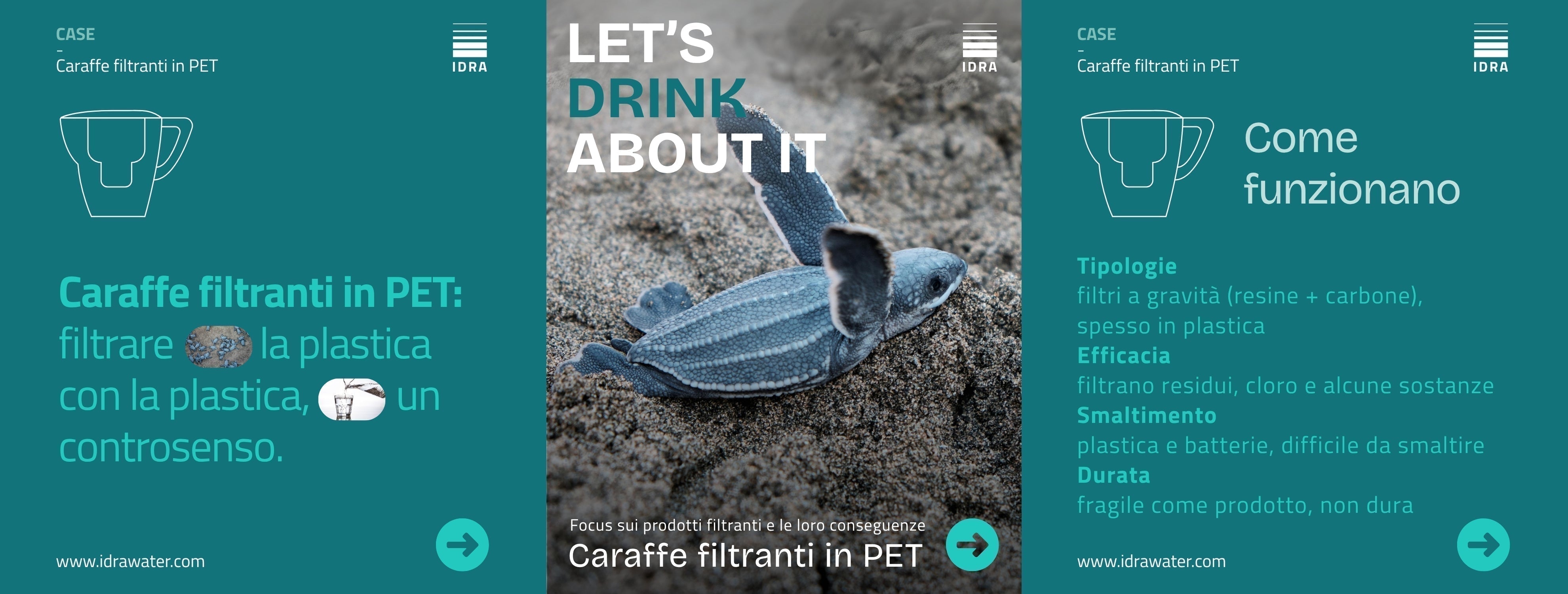 LET'S DRINK ABOUT IT - Copertina con tema dell'articolo: Tartaruga liuto e caraffe filtranti in PET